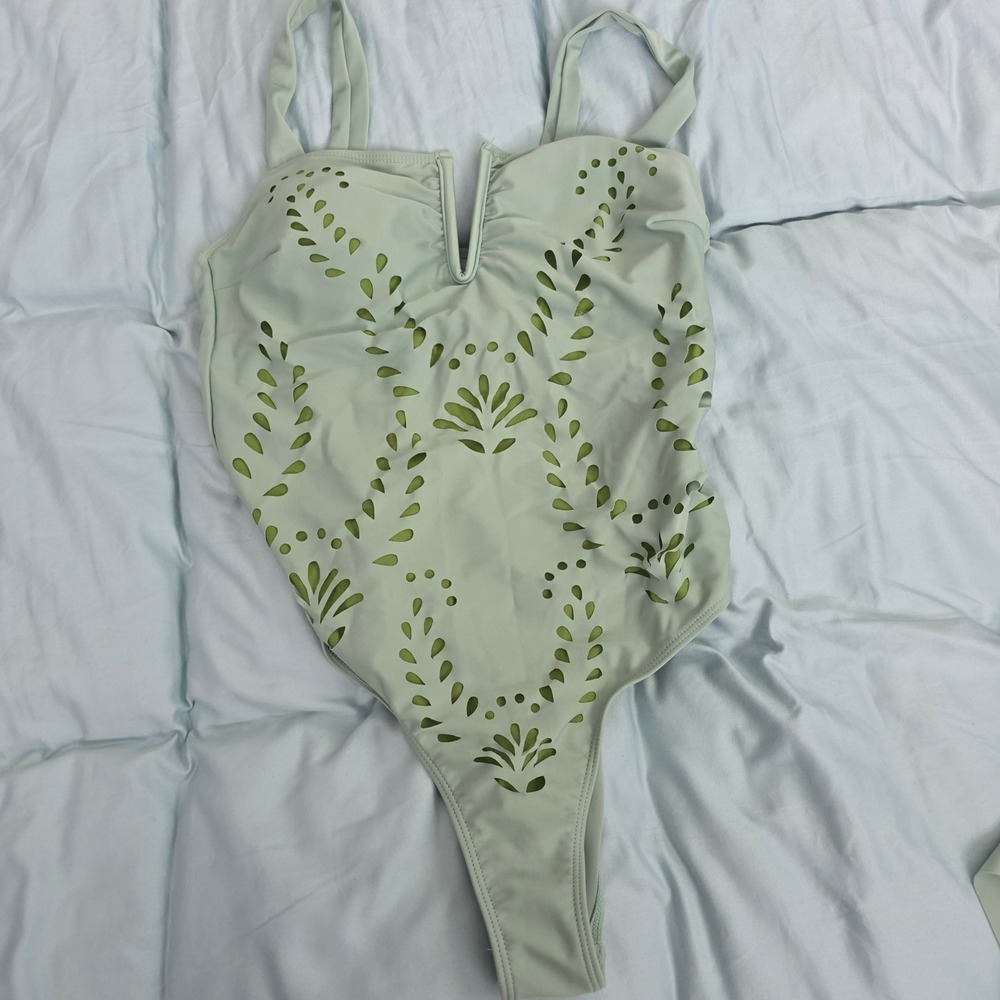 Mint Green Laser Cut One Piece Swimsuit and Maxi Skirt Cover Up Set Womens L